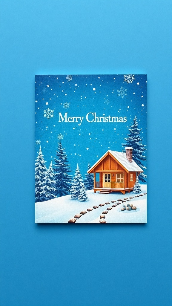 Elegant blue Christmas card with winter scene and snowflakes.